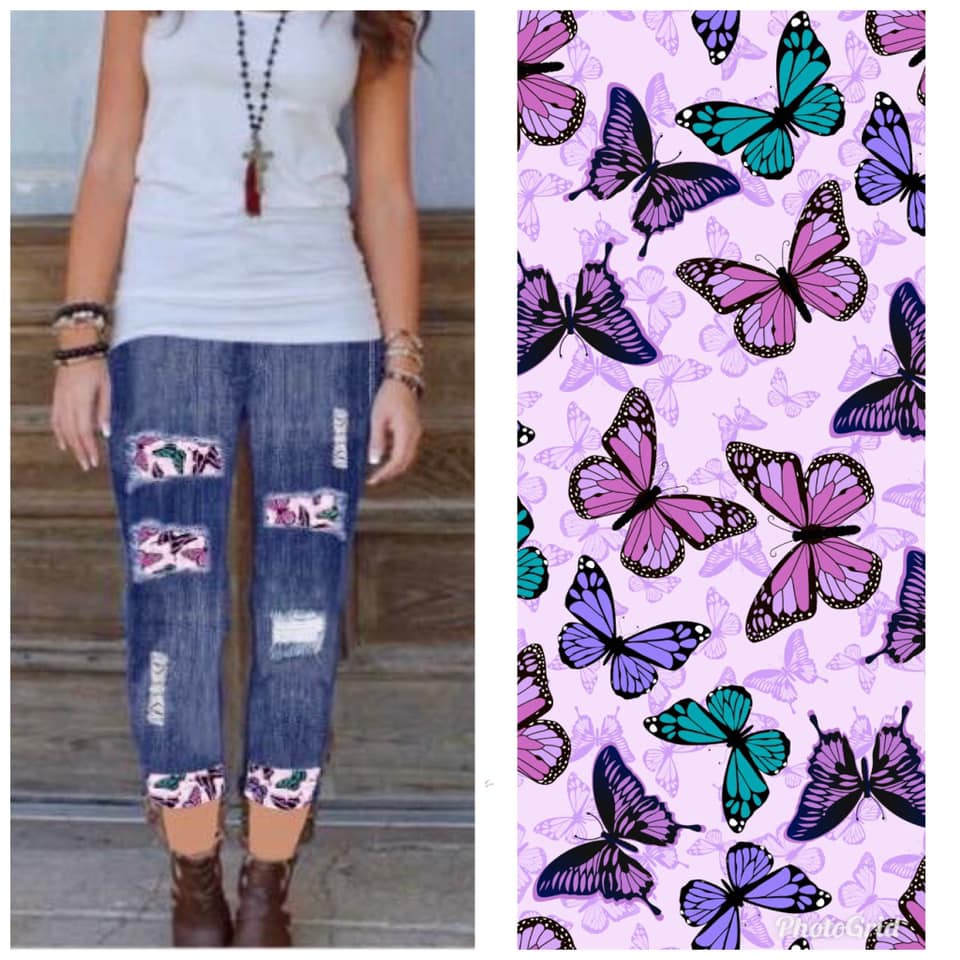 Jegging Denim CAPRI, Purple Butterfly Peek-a-boo. High Waist, Super Soft and Stretchy!