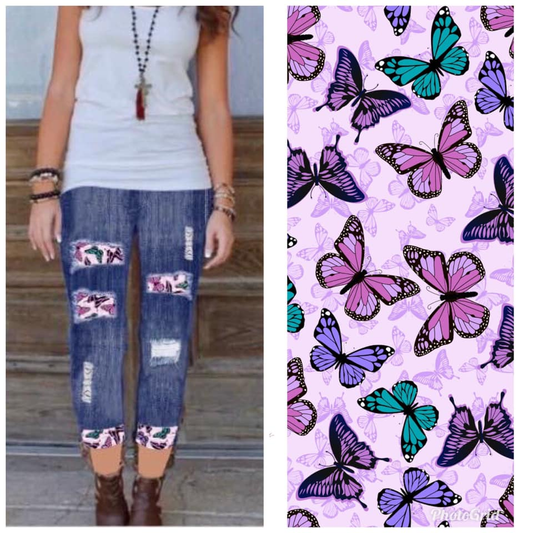 Jegging Denim CAPRI, Purple Butterfly Peek-a-boo. High Waist, Super Soft and Stretchy!