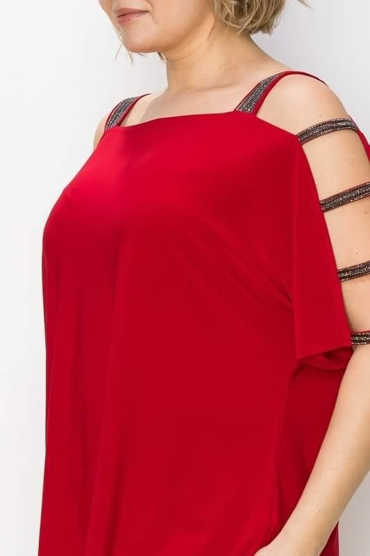 Plus Size, Stunning jeweled Ribbed Open Sleeve Top Black or Red