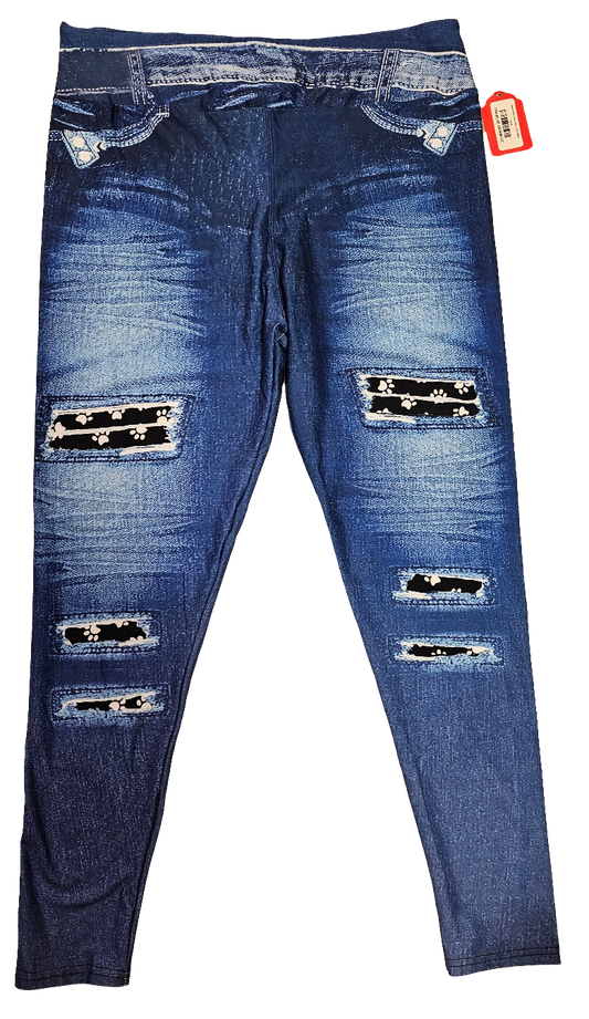 Blue Denim Paw Print Leggings. Yoga Band, High Waist, Extra Soft and Stretchy!