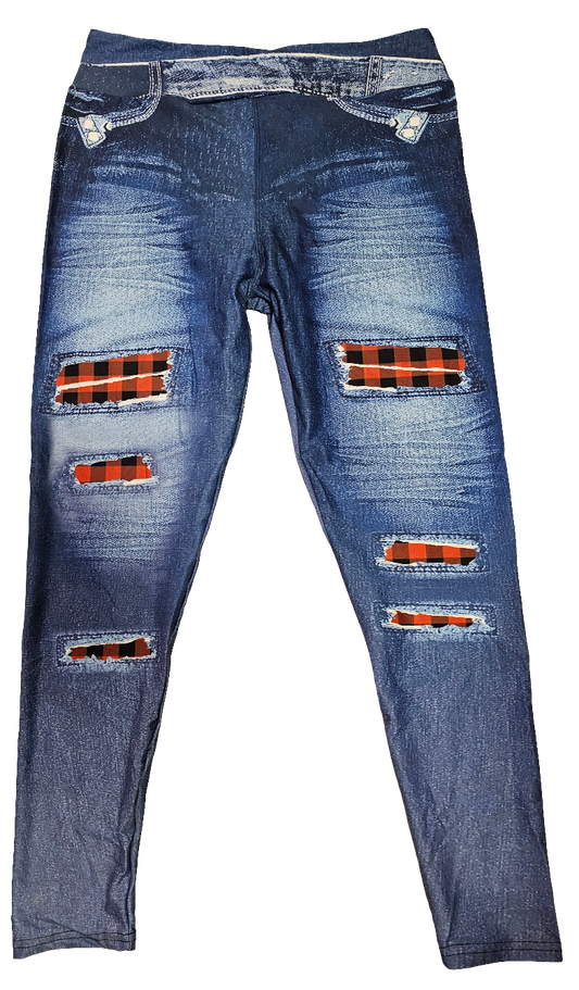Blue Denim Plaid Leggings. Yoga Band, High Waist, Extra Soft and Stretchy!