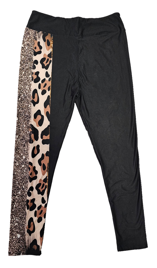 Black Leopard and Sparkly Gold, Asymmetrical Print Leggings. Yoga Band, High Waist, Extra Soft and Stretchy!