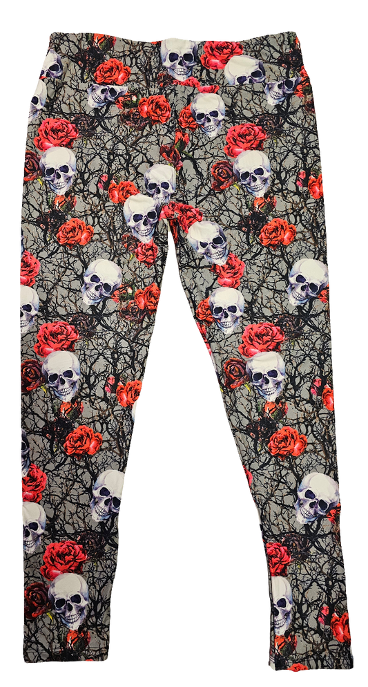 Grey Skulls and Roses Leggings. Yoga Band, High Waist, Extra Soft and Stretchy!
