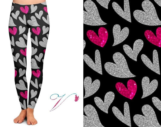 Glittery Sparkle Pink & Silver Hearts Leggings.  Yoga Band, Very Soft and Stretchy!