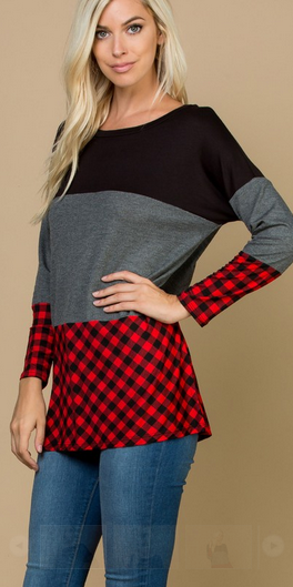 Light Weight & Soft Plaid/Charcoal/Black Block Top