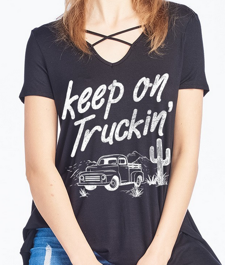 Keep on Trucking Graphic Criss Cross V-Neck Top. Super Soft & Stretchy! Runs Big. Made in USA