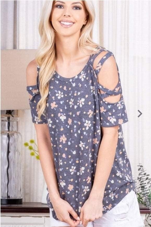 Soft and Comfortable Grey Floral Criss Cross Open Shoulder Top. Runs Big.