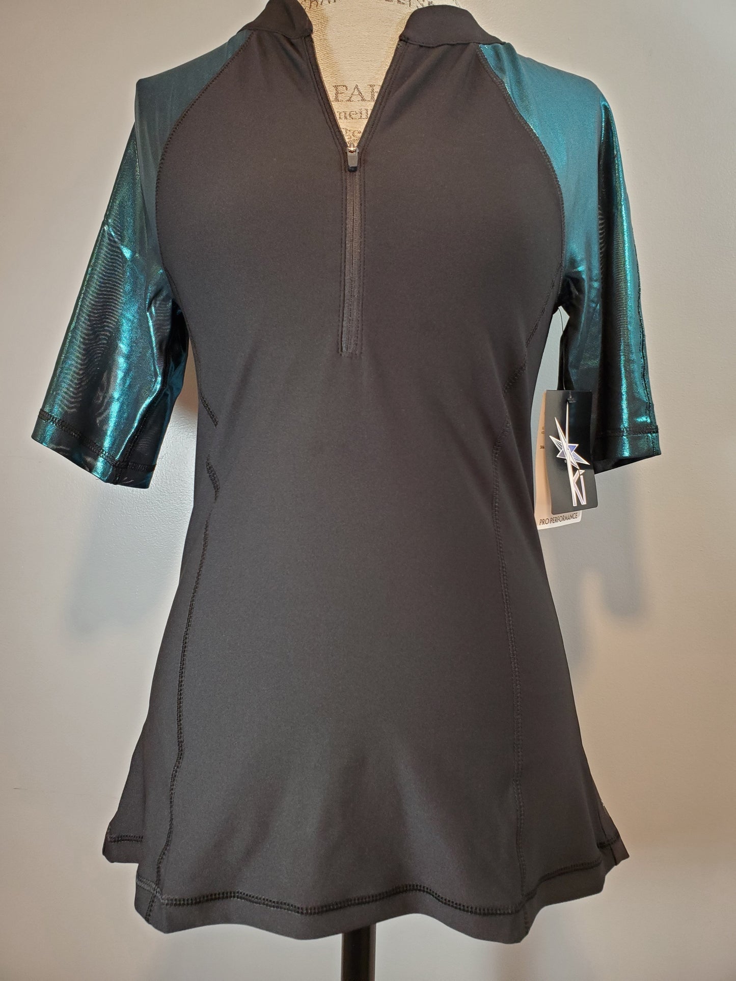 Glitter Teal Sleeve Half Zip Form Fitting Sport Top