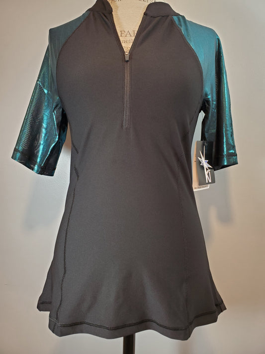 Glitter Teal Sleeve Half Zip Form Fitting Sport Top