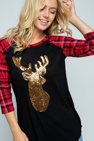 Plaid & Sequin Golden Reindeer Raglan Blouse Top