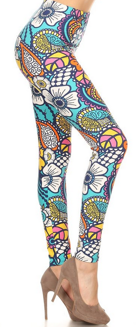 Super Soft "Happy" Floral Spring Leggings. Elastic Band