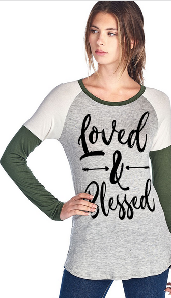 Only Sm and Md left. Army Green, Soft Fabric, Loved & Blessed Long Sleeve top