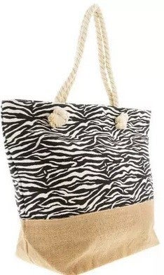 Zebra Print, Burlap & Canvas Tote with Rope Handles