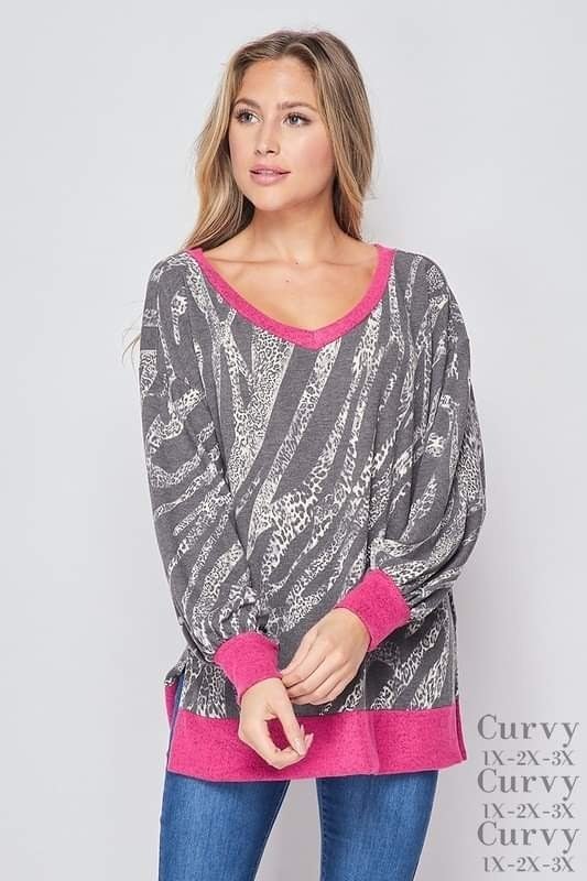 "HoneyMe" PLUS Top! Grey Zegra/Cheetah Print Split Sides, Contrast Cuff