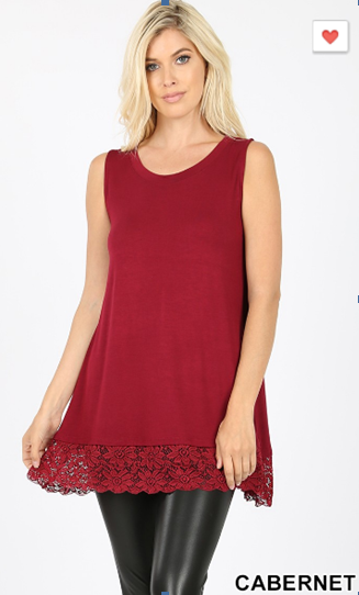 S-XL RUNS BIG Premium Soft & Stretchy Sleeveless Tank Lace Hem Tunic.