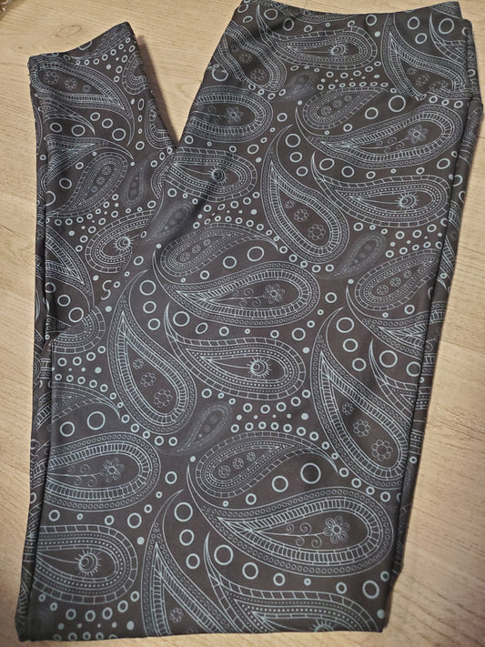 Paisley Print Black/Grey Leggings. Hyper Stretch and softness! Yoga Band.