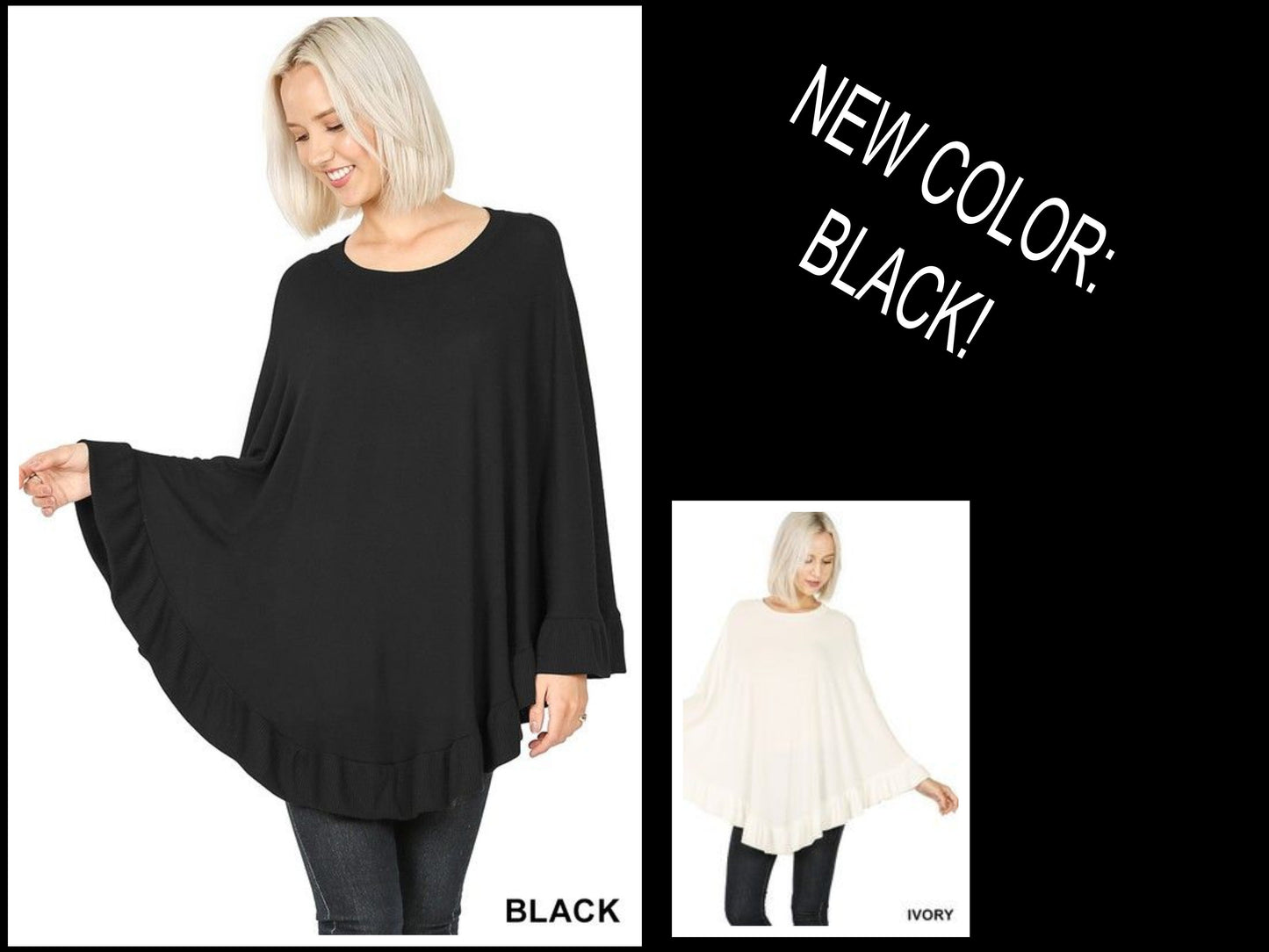 SMALL TO 3X!!! Ruffle Hem Pull Over Soft Poncho Sweater Shawl - Black