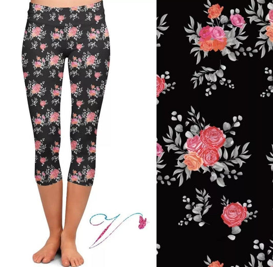 Pink & Coral Floral CAPRI. High Waist, Yoga Band, Very Soft and Stretchy!