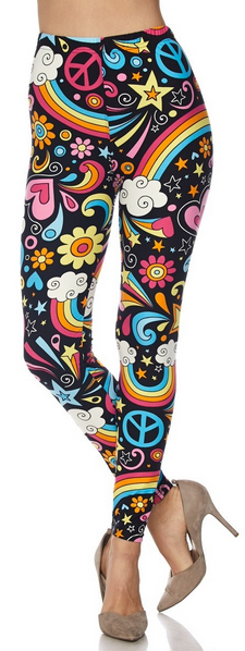 Rainbows Peace and Flowers Leggings. Hyper Stretch, Elastic Band.