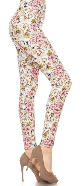 Pink & Blush Hibiscus Floral with Titanium Background Leggings, Elastic Band