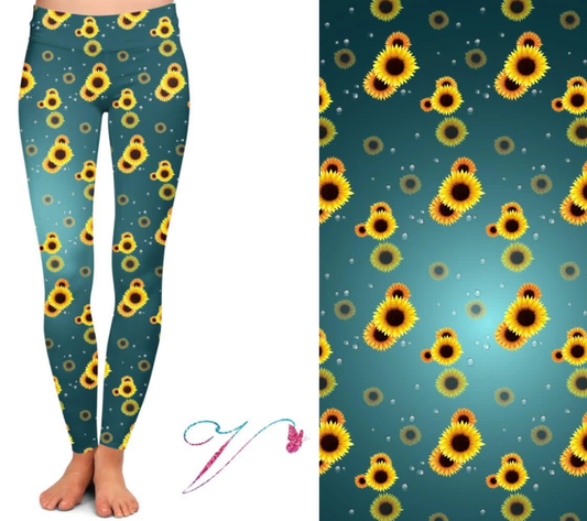 Vivid Sunflowers on Teal Background. Designer Leggings.
