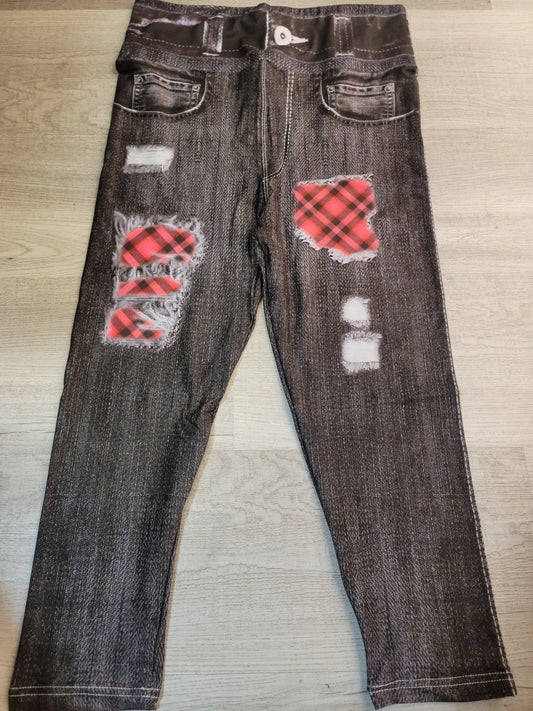 Black /Hot Pink Checkered Denim CAPRI Jeggings. Elastic Band, Soft & Stretchy!