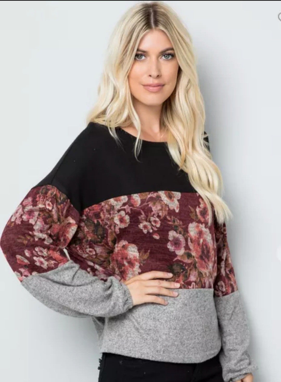 Floral Solid Block Contrast Long Sleeve Round Neck Top  Made In The USA