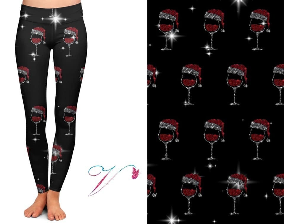 ONLY OS (fits 4-14) Pour me another one Santa! Sparkle Wine Glass - Designer Leggings
