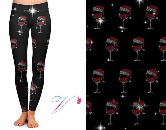 ONLY OS (fits 4-14) Pour me another one Santa! Sparkle Wine Glass - Designer Leggings