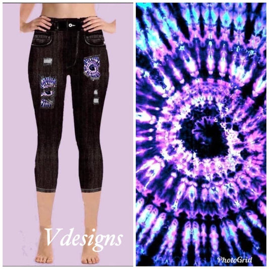 Purple Tie Dye Peek A Boo Black Denim Print CAPRI Jeggings. High Waist, Super Soft and Stretchy!