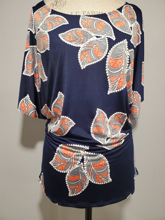 XL ONLY Silky & Stretchy, Waist Hugger, Navy/Coral Leaf design Bat Sleeve top