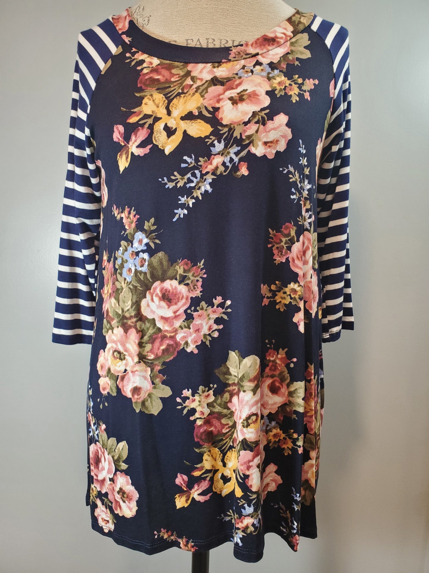 MD LEFT (runs big) Navy Floral Top with Long Striped Sleeves. Soft & Stretchy. Made in the USA