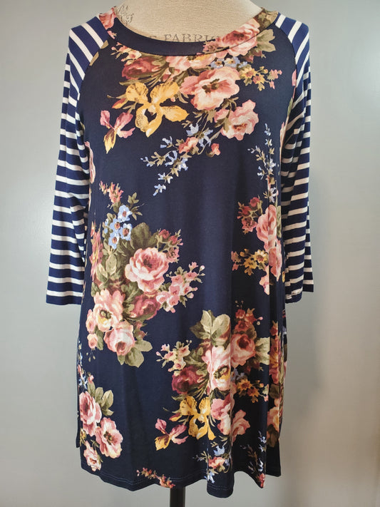 MD LEFT (runs big) Navy Floral Top with Long Striped Sleeves. Soft & Stretchy. Made in the USA
