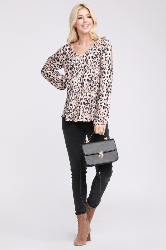 Sexy Slit Open Bubble Sleeve, V-Neck Cheetah Print, Soft, Stretchy, Comfy Top