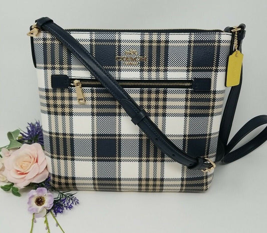 Coach Rowan Plaid, Gold Midnight Crossbody, Outer Zipper, Inner Pocket, Gold Hardware