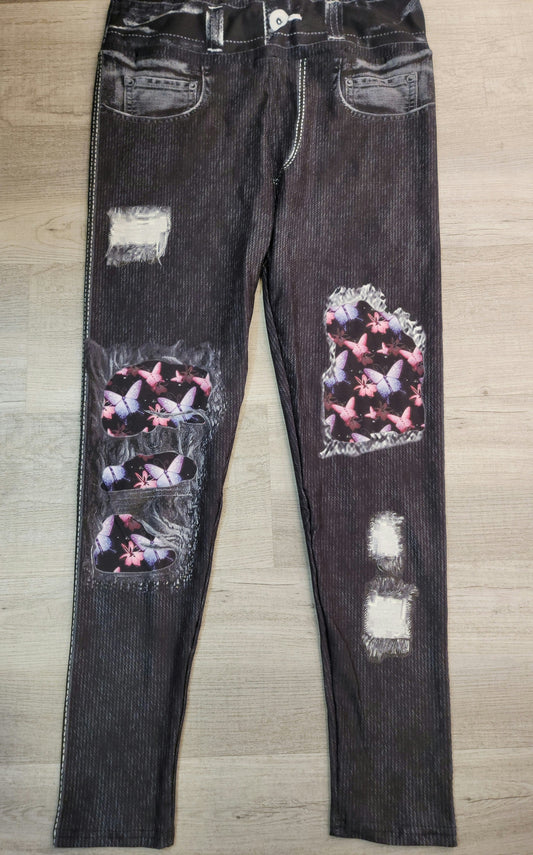 Butterfly Black Denim Jeggings. Hyper Stretch and softness! Yoga Band.