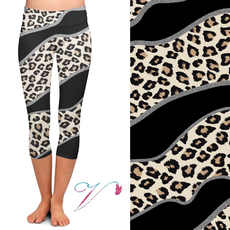 Black With Wavy Leopard CAPRI. High Waist, Yoga Band, Very Soft and Stretchy!