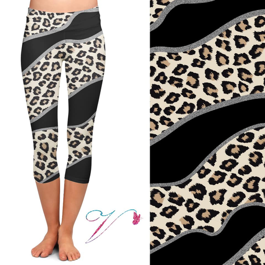 Black With Wavy Leopard CAPRI. High Waist, Yoga Band, Very Soft and Stretchy!