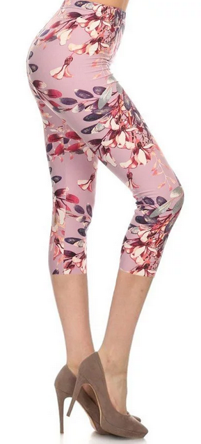 Floral Mauve CAPRI OR LEGGINGS! Hyper Stretch, Elastic Band.