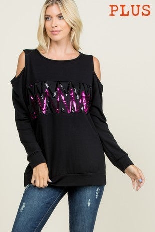 Cold Shoulder  Zig Zag Sequin Long Sleeve Side Slit Top