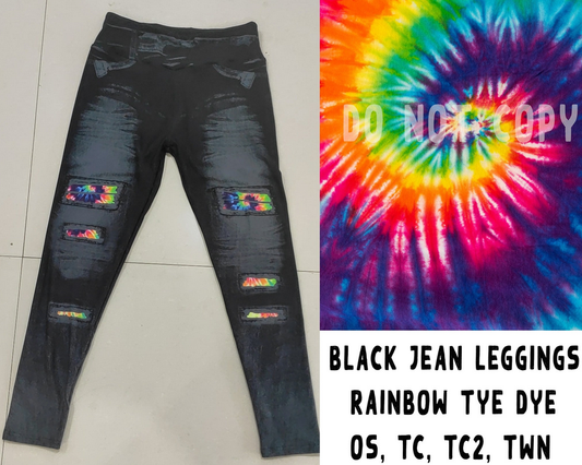Tie Dye Black Jeggings Peek a Boo Denim Print. Yoga Band. Extra Soft and stretchy!