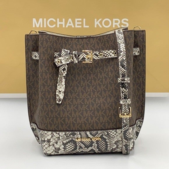 Authentic Michael Kors Signature Emilia Brown Bucket Messenger