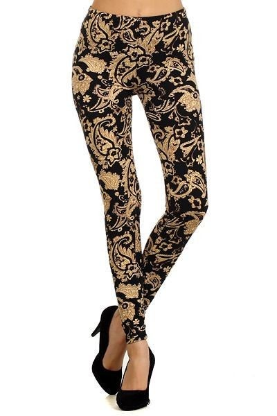 Beautiful Black & Paisley Gold Soft & Stretchy Elastic Band Leggings