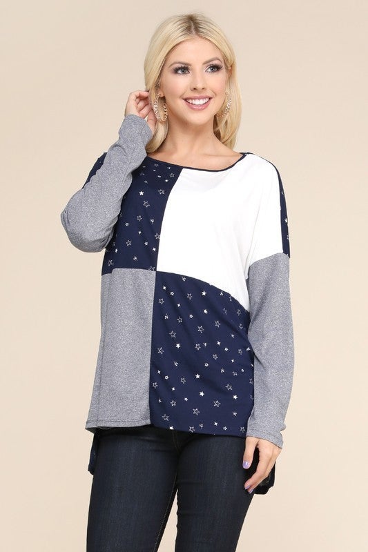 Navy/Grey/White Stars Long Sleeve Split Hip Top. Runs Large - Size Down.