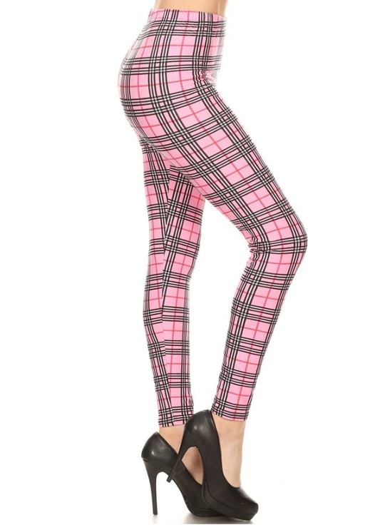 Soft Pink Plaid Leggings, Elastic band