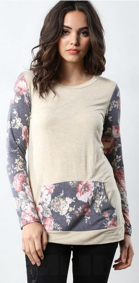 Small/Large Heather Wheat with Floral Kangaroo Pocket and sleeves