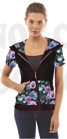 Black Pansies Short Sleeve  Stretchy Hoodie (Matching Capri In Stock)