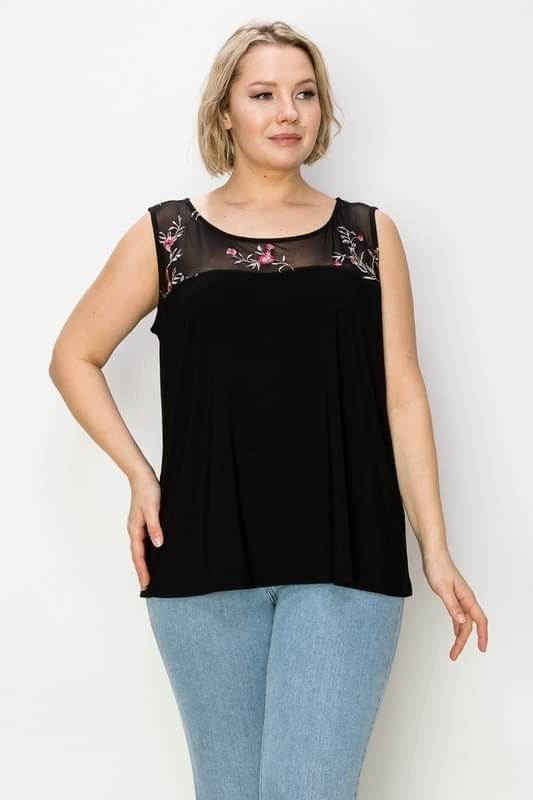 Gorgeous Floral Plus Size Embroidery Mesh Yoke Sleeveless Tank - Solid poly span knit fabric - Lightweight and stretchy - Round neckline
