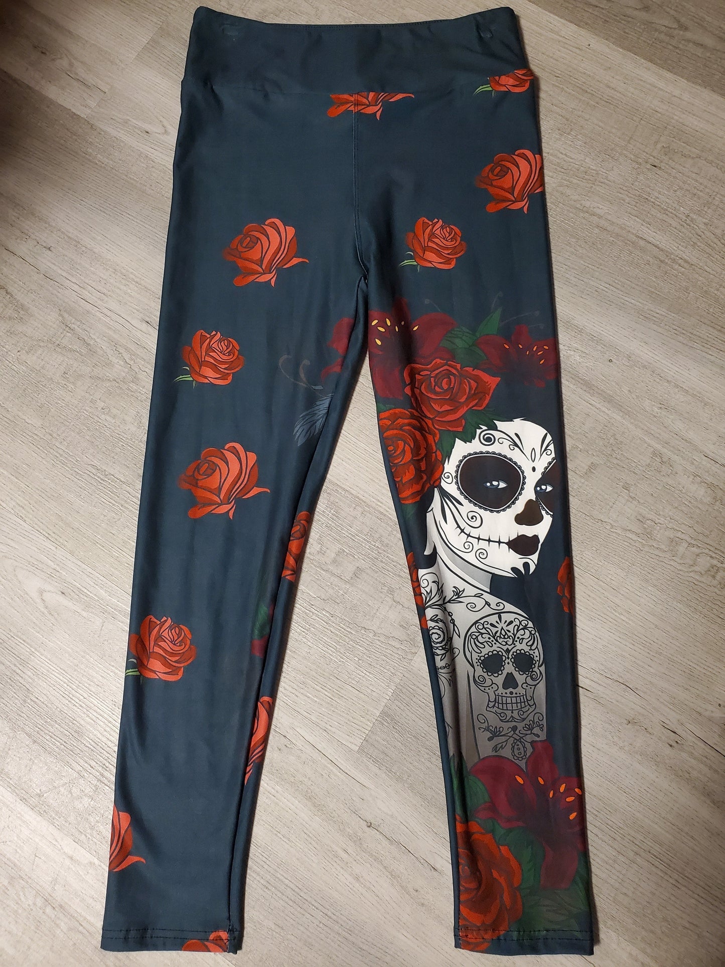 Red Rose Sugar Skull Lady Leggings. Hyper Stretch and softness! Yoga Band.