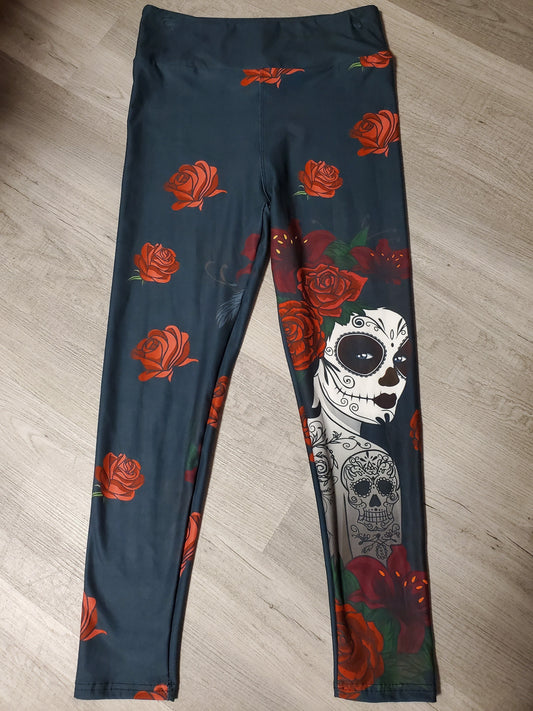 Red Rose Sugar Skull Lady Leggings. Hyper Stretch and softness! Yoga Band.